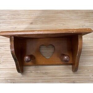 Vintage Wood Wall Shelf with Pegs Heart Cutout Country Farmhouse Decor Taiwan